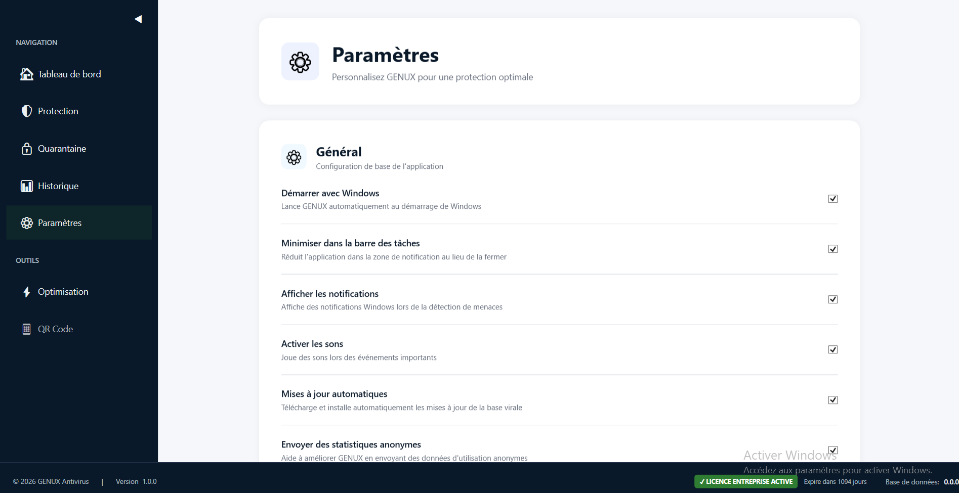 Paramètres avancés de Genux